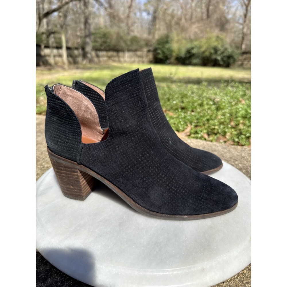 Women's Lucky Brand Leather Bootie Black Size 8.5 Zip Back Suede Cutout Ankle